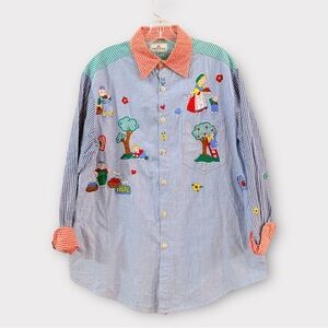 Vintage pale blue button up novelty print